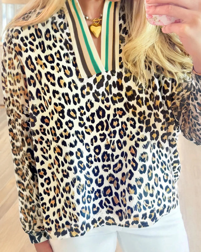Leopard Print Contrast Striped V Neck Blouse Leopard