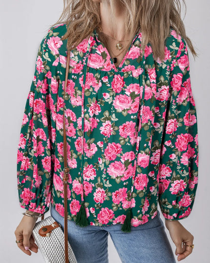 Floral Printed Tied Collar Puff Sleeve Blouse Floral