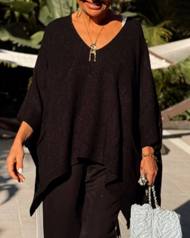 Ribbed Hem V-Neck Sweater