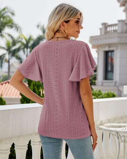 Eyelet Flutter Sleeve Round Neck Top