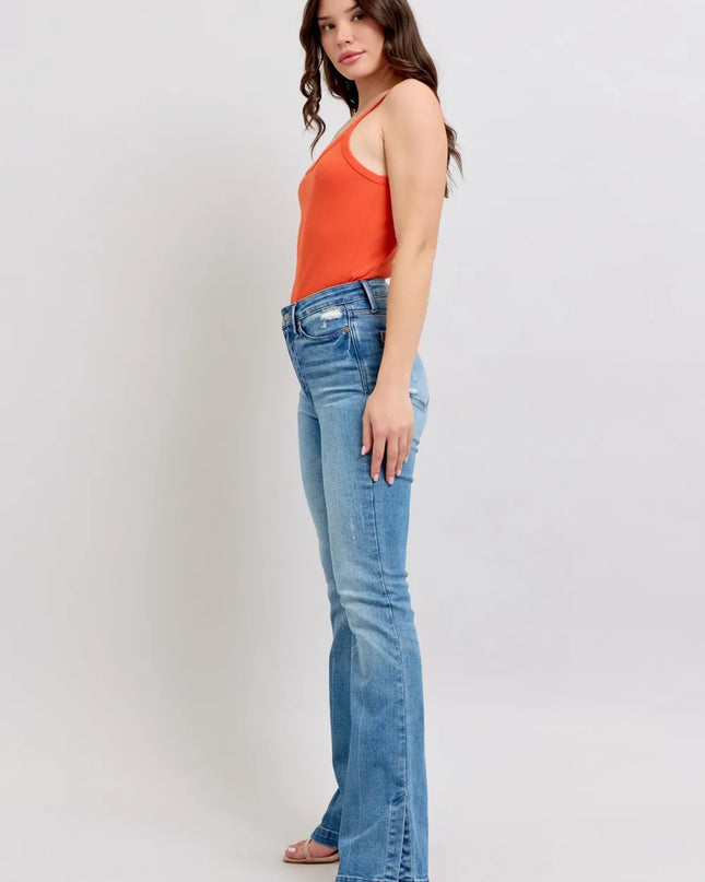 Judy Blue HW Tummy Control Vintage Wash Side Slit Slim Boot Jeans