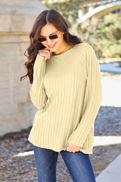 Basic Bae Full Size Ribbed Round Neck Long Sleeve Knit Top Light Yellow