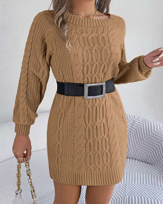 Cable-Knit Round Neck Sweater Dress