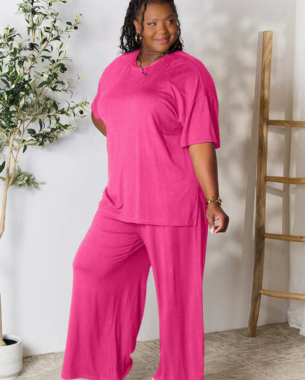 Double Take Full Size Round Neck Slit Top and Pants Set