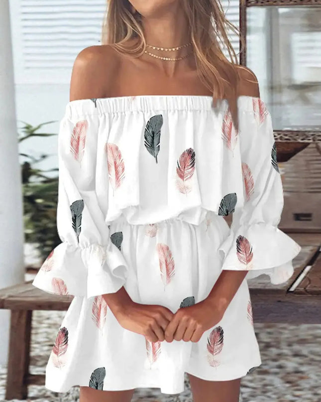 Full Size Floral Off-Shoulder Flounce Sleeve Mini Dress Plus Size 