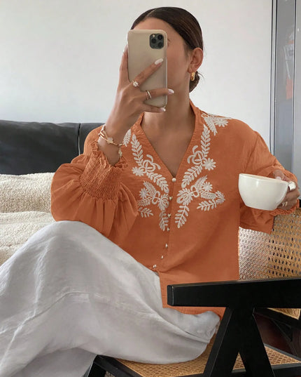 Embroidered Lantern Sleeve Blouse