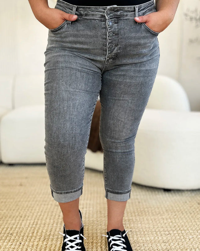 Judy Blue Full Size Button Fly High Waist Cuffed Capris