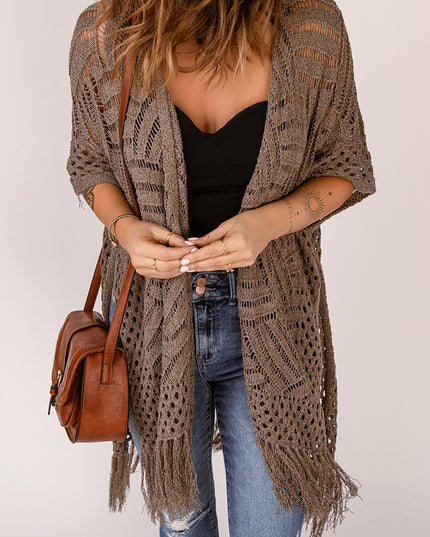 Fringe Hem Slit Open Front Cardigan