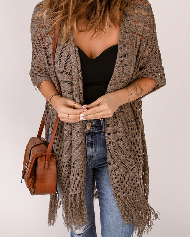 Fringe Hem Slit Open Front Cardigan