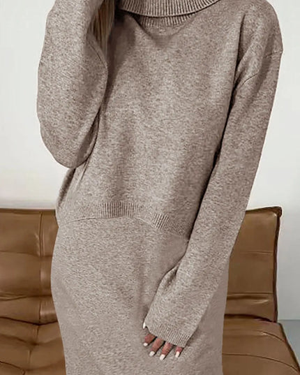 Turtleneck Dropped Shoulder Sweater and Midi Dress Sweater Set Mocha
