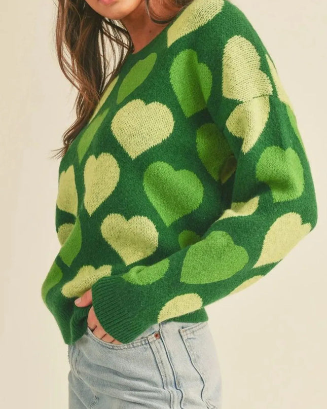 Heart Ribbed Hem Long Sleeve Sweater