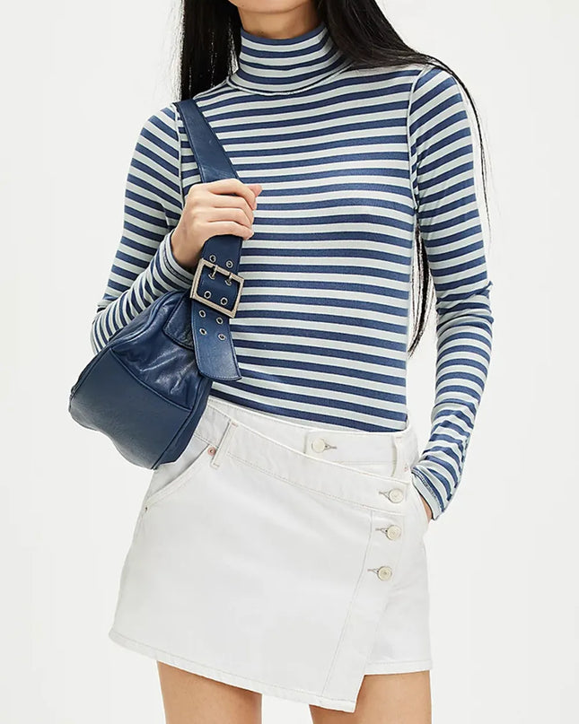 Exposed Seam Striped Turtleneck Long Sleeve T-Shirt