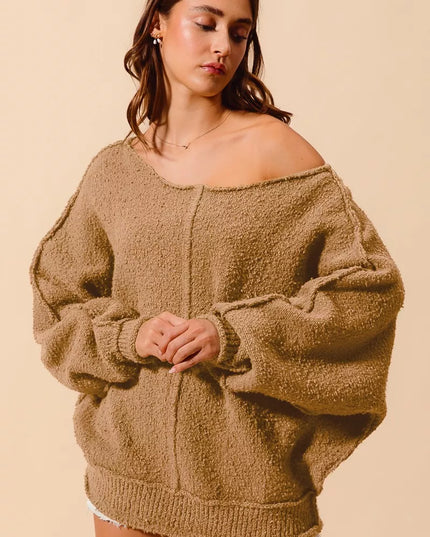 SO ME Loose Fit Exposed Seam Slouchy Boucle Sweater TAUPE