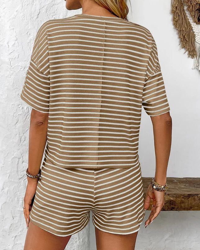 Striped Round Neck Short Sleeve Top and Shorts Set