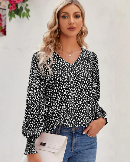 Printed V-Neck Lantern Sleeve Blouse Black