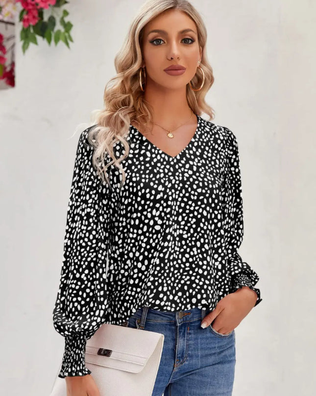 Printed V-Neck Lantern Sleeve Blouse Black