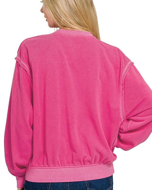 Zenana Soft Fleece Pigment Dye Round Neck Pullover