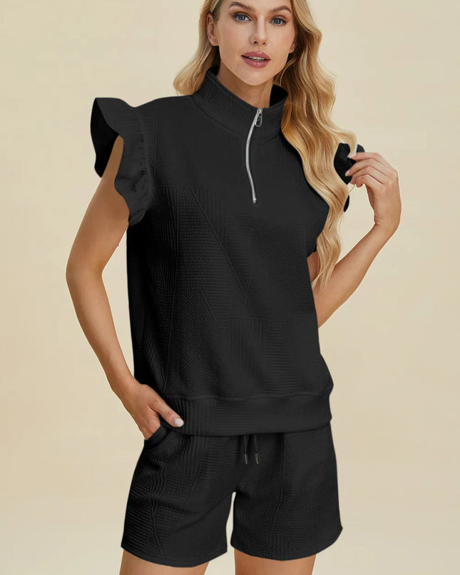 Double Take Full Size Texture Flounce Sleeve Top and Shorts Set