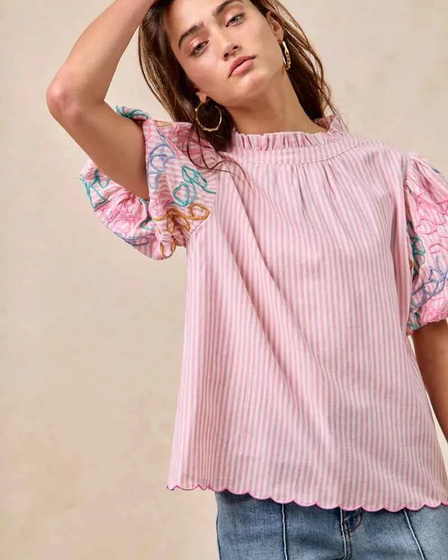 BiBi Embroidery Bubble Sleeve Top With Bottom Scallop Detail