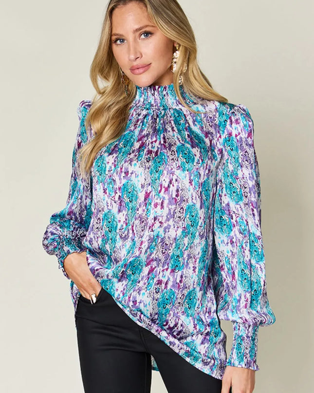Double Take Full Size Printed Smocked Long Sleeve Blouse