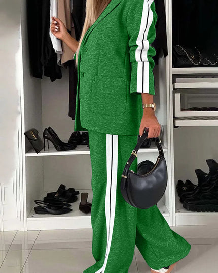 Full Size Contrast Lapel Collar Top and Pants Set