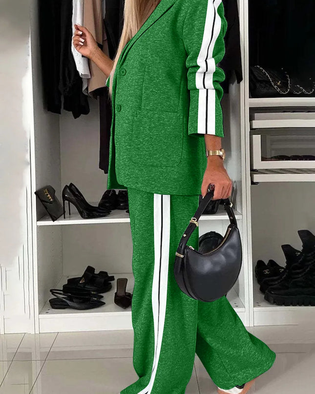 Full Size Contrast Lapel Collar Top and Pants Set