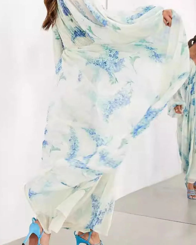 Floral Print Bohemian Maxi Dress with Balloon Sleeves 