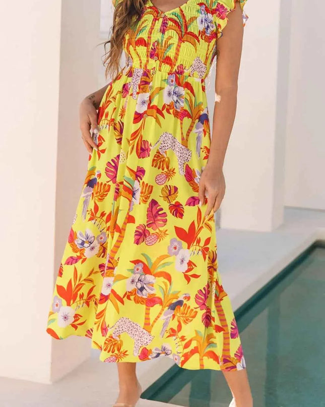 Cheetah Plant Print Shirred Button V Neck Maxi Dress