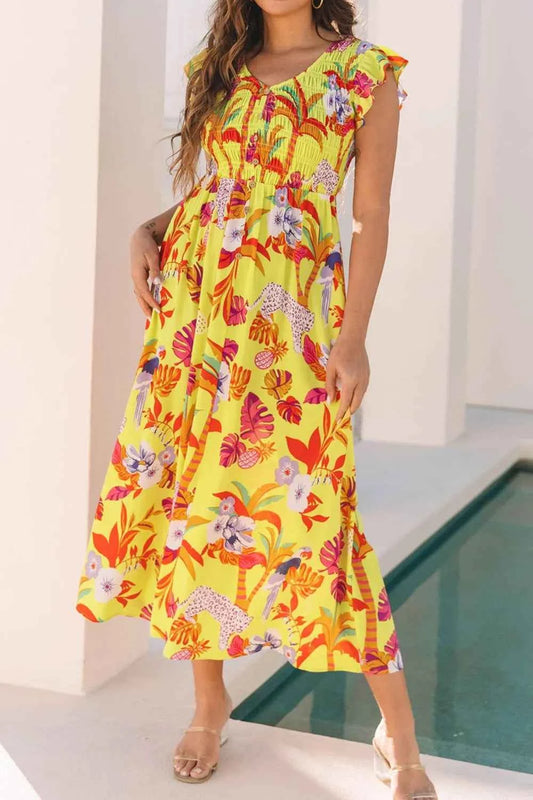 Cheetah Plant Print Shirred Button V Neck Maxi Dress