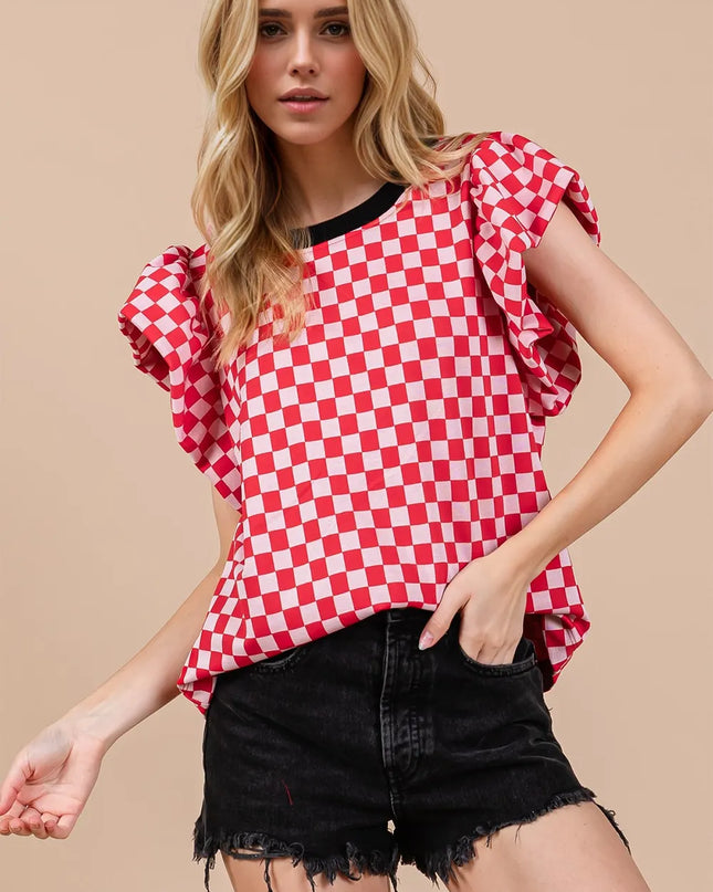 Oh Checkered Round Neck Puff Sleeve Blouse Red