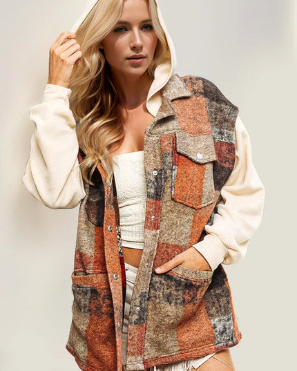 Double Take Contrast Long Sleeve Hooded Plaid Jacket Cream