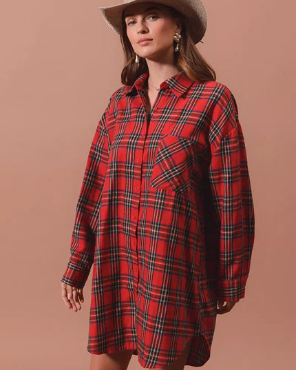 SO ME Christmas Checker Plaid Button Up Shirt Dress