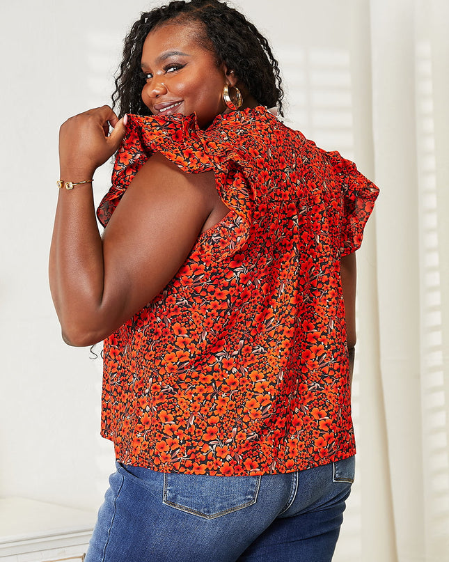 Double Take Floral Flutter Sleeve Notched Neck Blouse