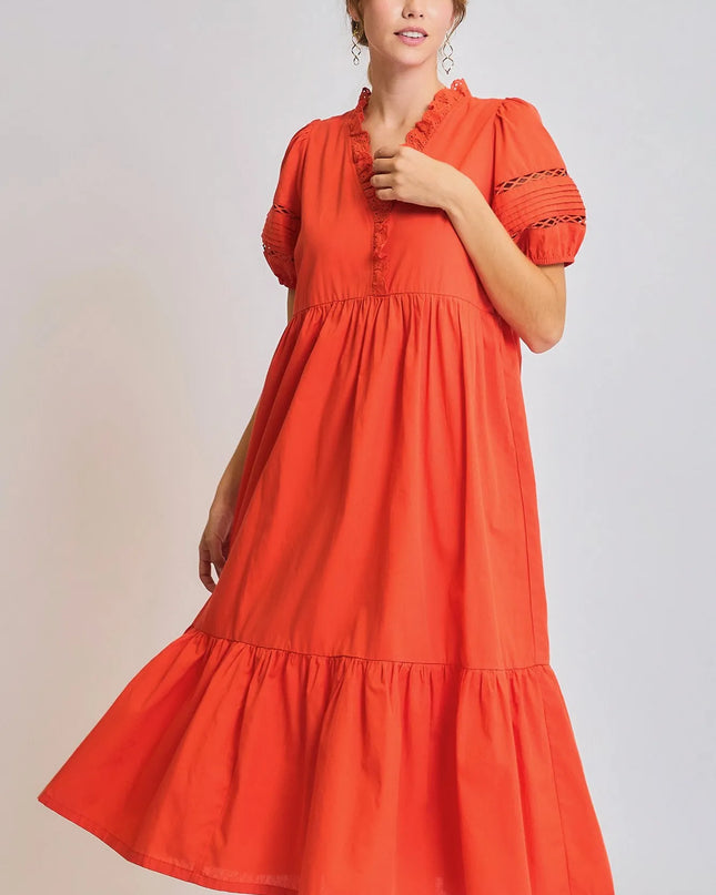 Umgee Short Sleeve Lace-Trim Ruffled Midi Dress TOMATO RED