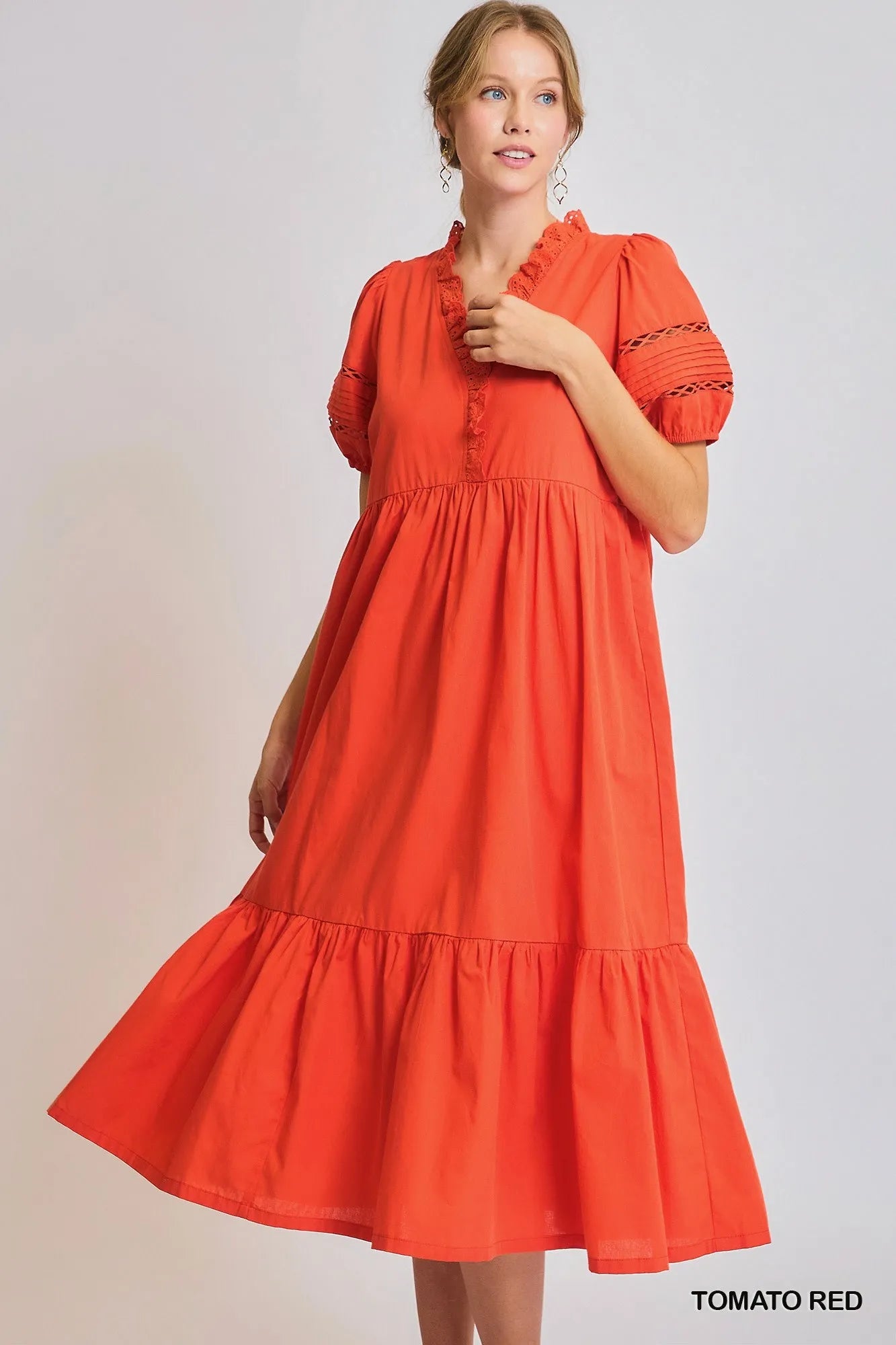 Umgee Short Sleeve Lace-Trim Ruffled Midi Dress TOMATO RED