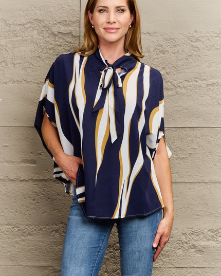 Perfee Tie Neck Printed Slit Sleeve Blouse Multicolor