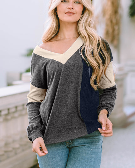 V Neck Color Block Top Dark Gray