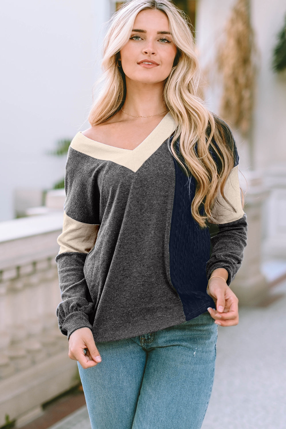 V Neck Color Block Top Dark Gray