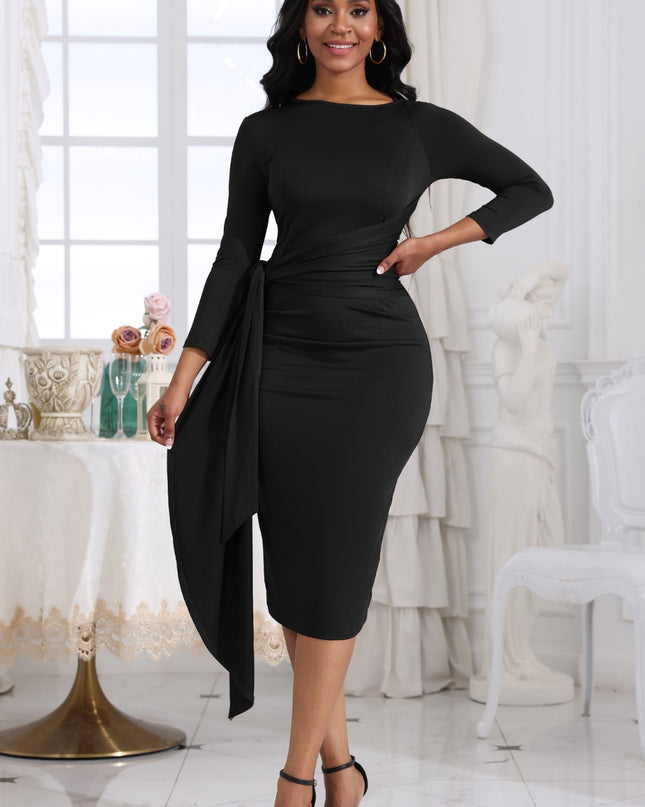 Tie Detail Round Neck Midi Dress Black