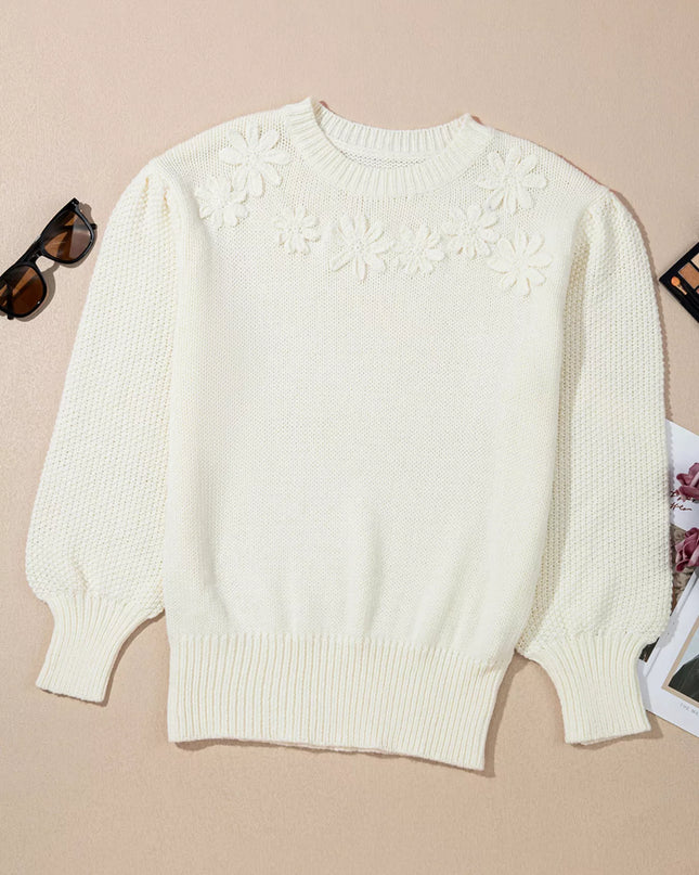 Flower Detail Round Neck Contrast Textured Puff Sleeve Sweater