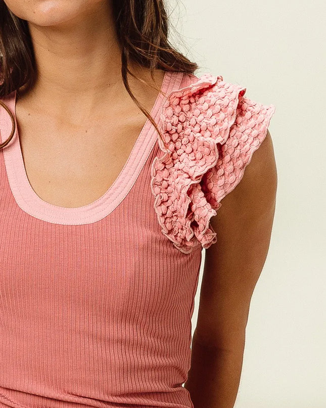 BiBi Rib Knit With Textured Ruffled Top