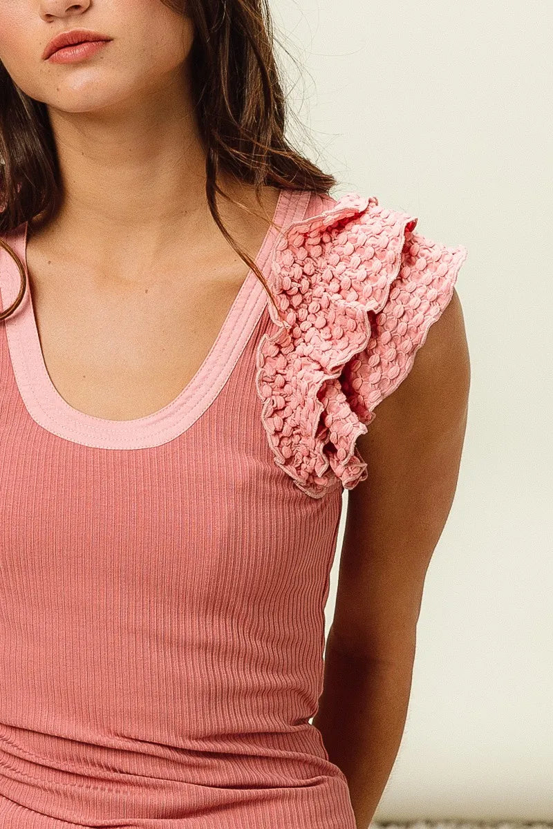 BiBi Rib Knit With Textured Ruffled Top