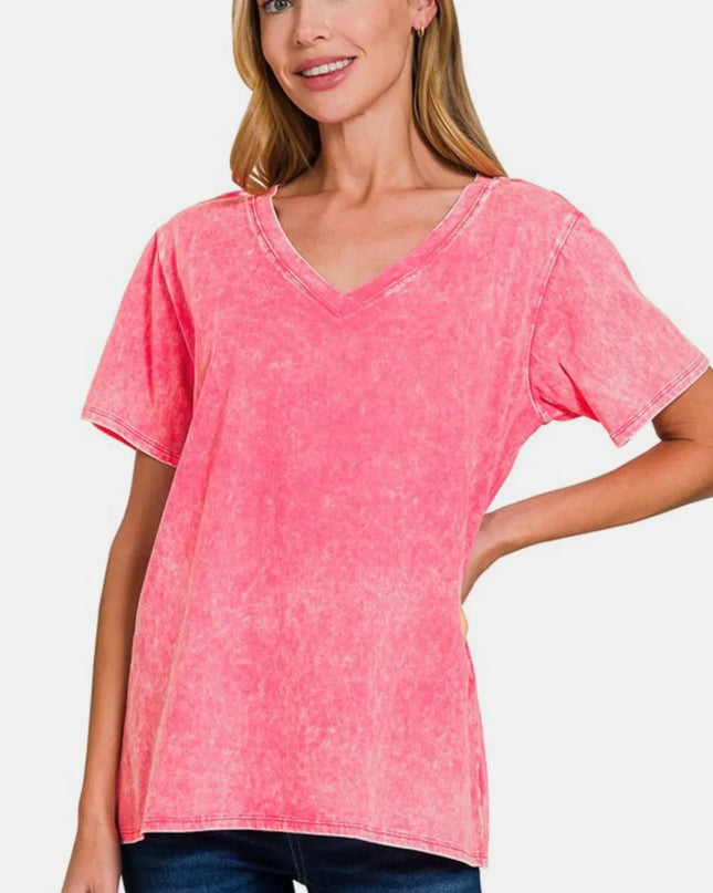 Zenana Full Size Washed Short Sleeve V-Neck T-Shirt Strawberry