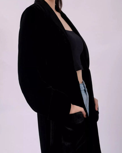 Velvet Lapel Collar Longline Coat