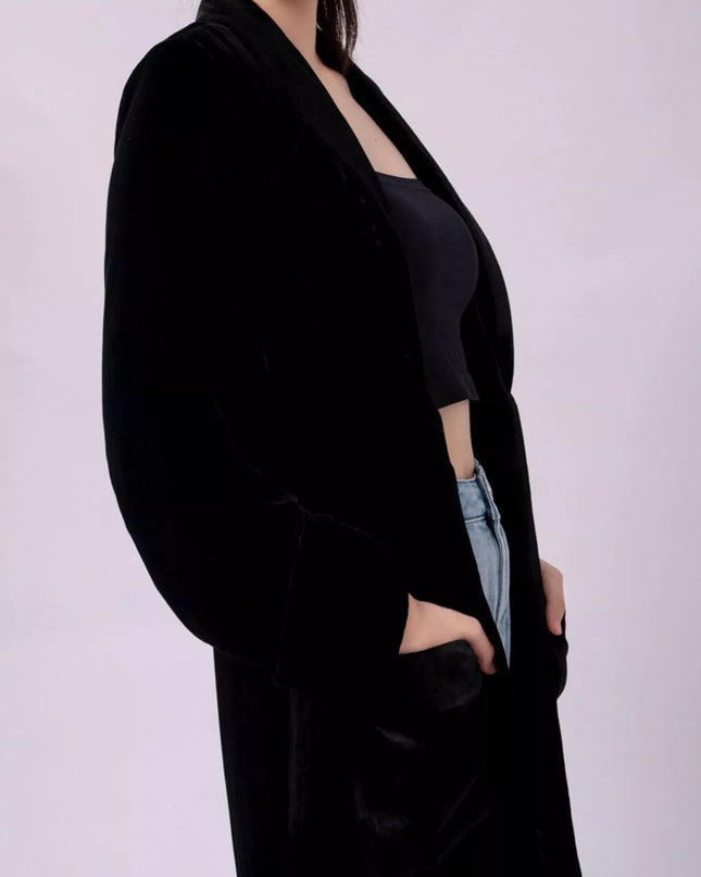 Velvet Lapel Collar Longline Coat