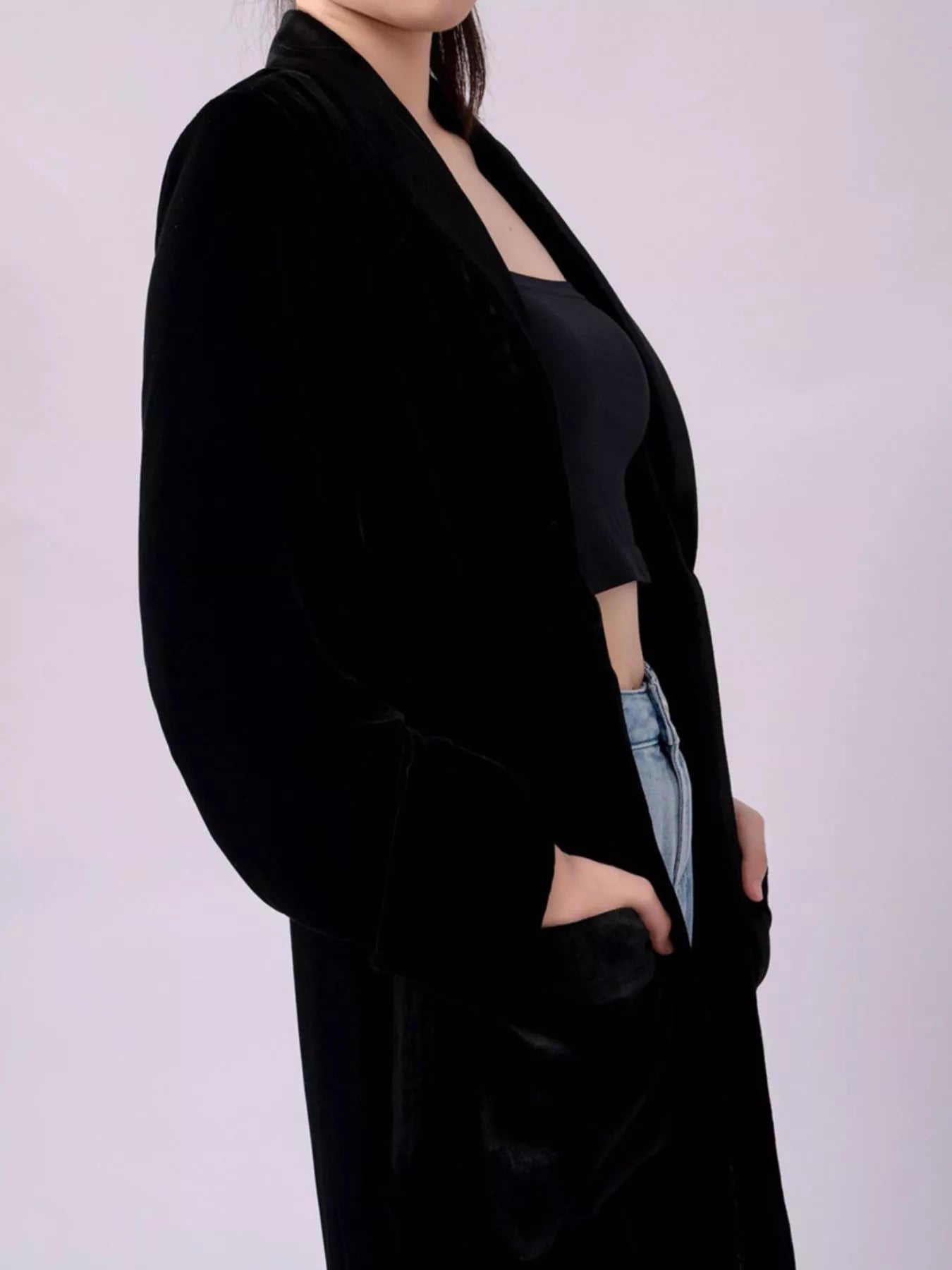 Velvet Lapel Collar Longline Coat