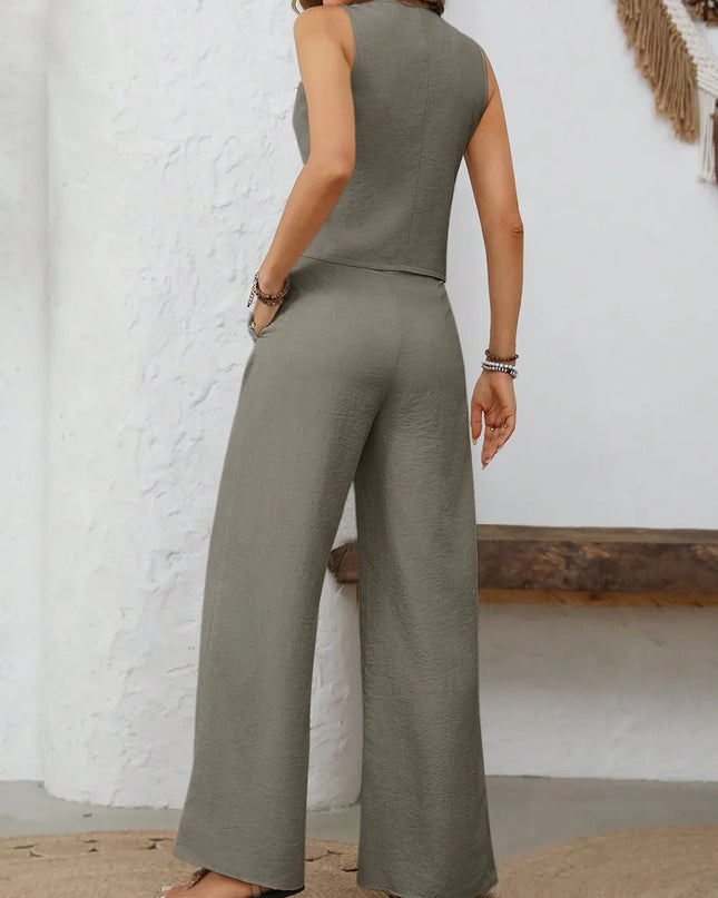V-Neck Button Down Vest and Wide Leg Pants Set
