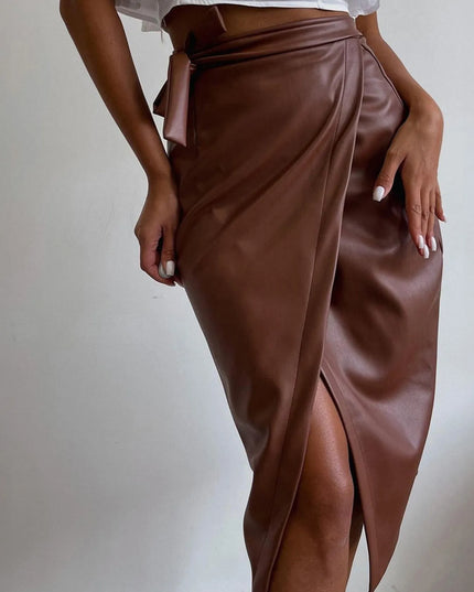 Slit Leather Midi Skirt