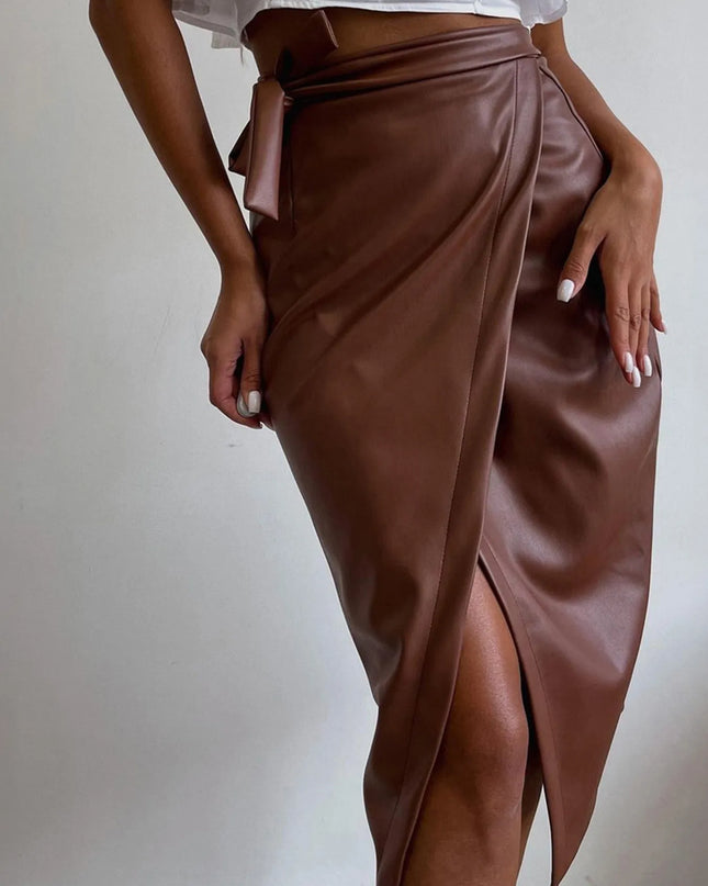 Slit Leather Midi Skirt