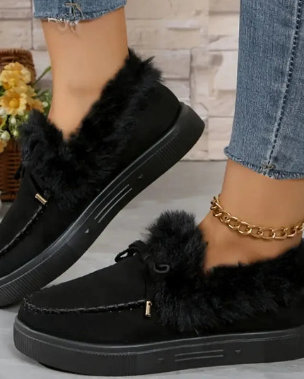 Bow Furry Round Toe Flat Slip-Ons